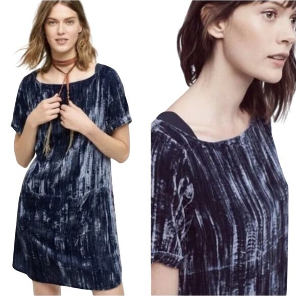 Anthropologie Floreat Crushed Velvet Mini Dress Tunic Pockets Navy Blue Large - Picture 1 of 9